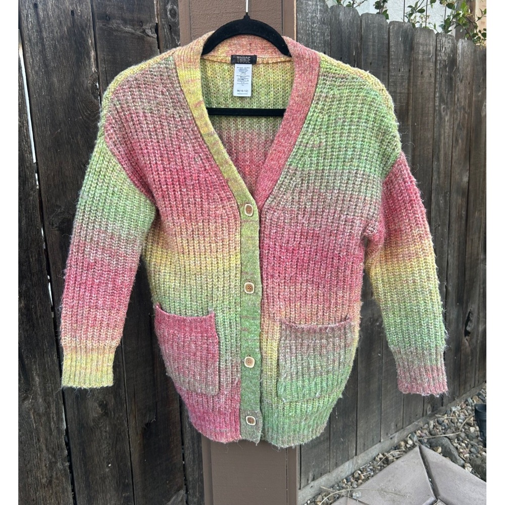 TRUCE Girls Cardigan Sweater Size M 10-12 Pink Green Yellow Striped Knit Cozy